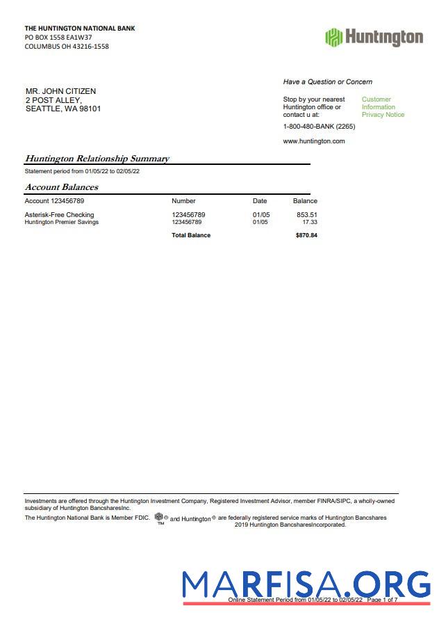 Printable USA Ohio Huntington bank statement word 7 page real example